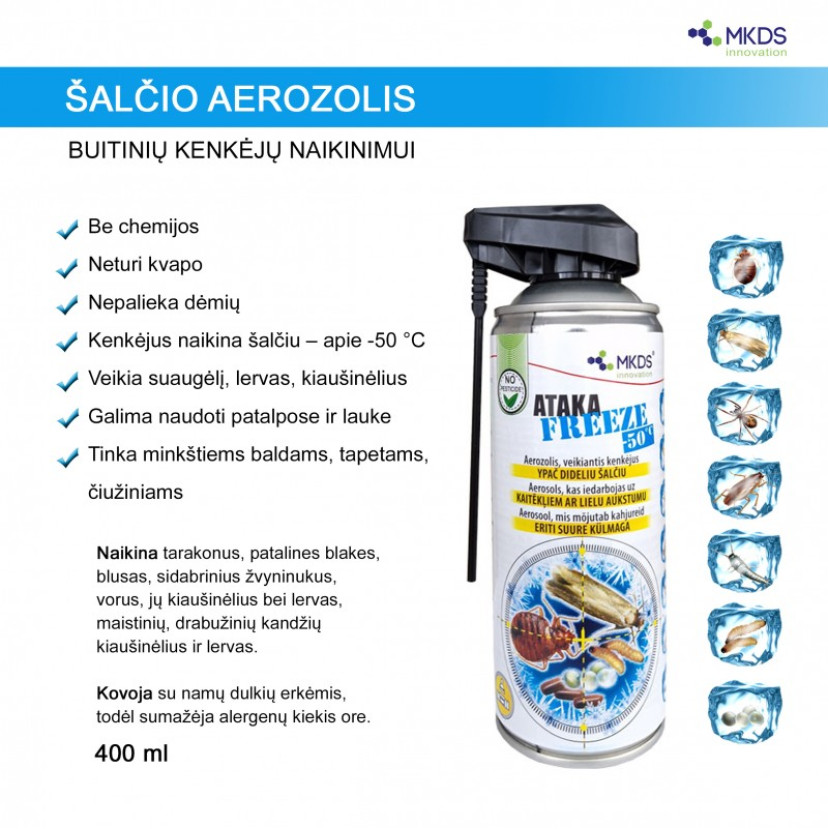 ATAKA FREEZE -50 °C ŠALČIO AEROZOLIS VABZDŽIŲ NAIKINIMUI, 400 ML ATAKA FREEZE -50 °C ŠALČIO AEROZOLIS VABZDŽIŲ NAIKINIMUI, 400 ML